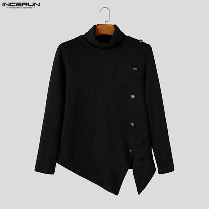 Herren Rollkragenpullover Asymmetrischer Saum Knöpfe Langarm Strickpullover