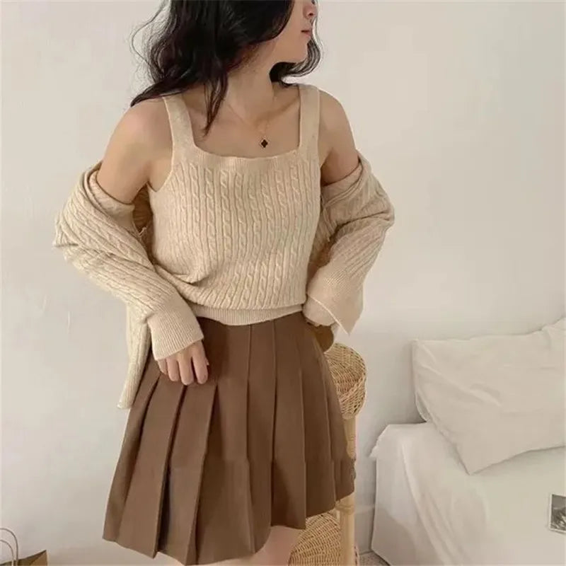Damen Strick Set Cardigan mit Rundhals und Trägertop Zopfmuster