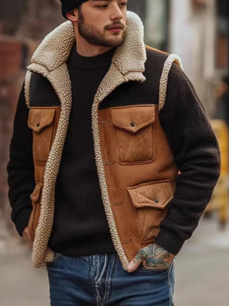Herren Weste Braun mit Kragen und aufgesetzten Taschen Rustikaler Stil