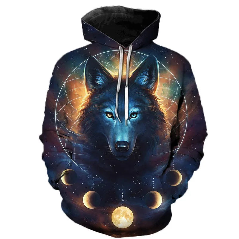 Hoodie mit Wolf-Motiv, bunte Grafik, Kapuzenpullover