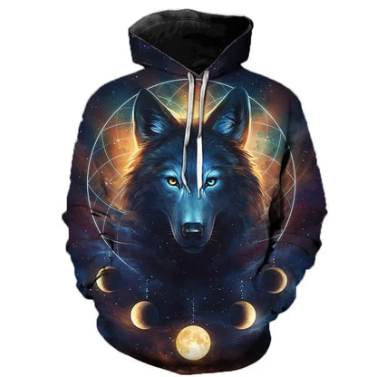 Hoodie mit Wolf-Motiv, bunte Grafik, Kapuzenpullover