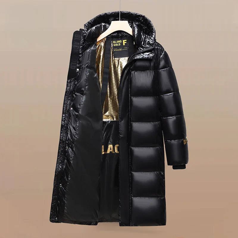 Langer glänzender Steppmantel Damen Schwarz mit Kapuze Winterjacke