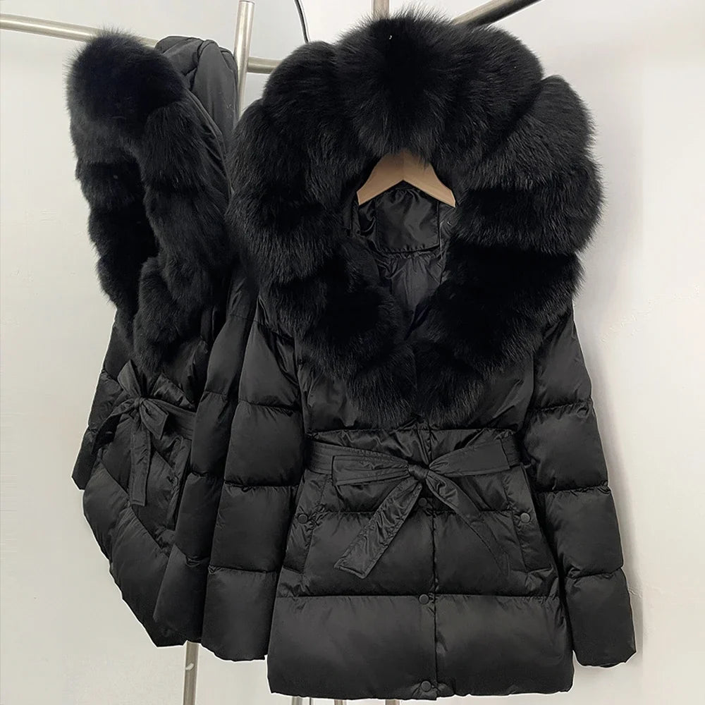 Damen Winter Steppjacke mit Kunstpelzkragen und Gürtel