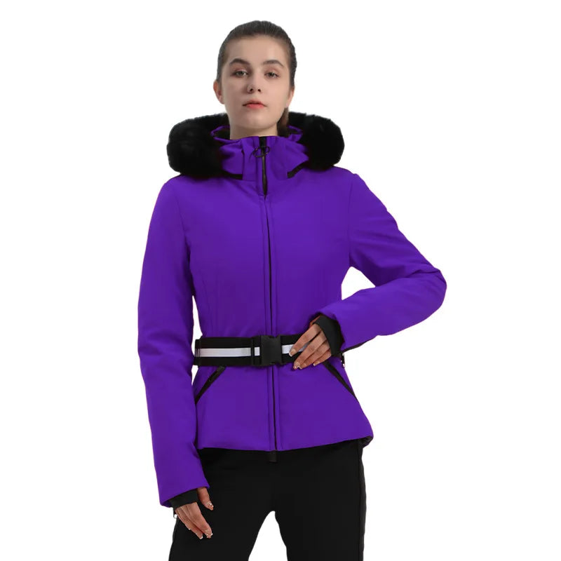 Damen Skijacke mit Kunstfellkapuze & Gürtel, Schwarz-Beige Hahnentritt