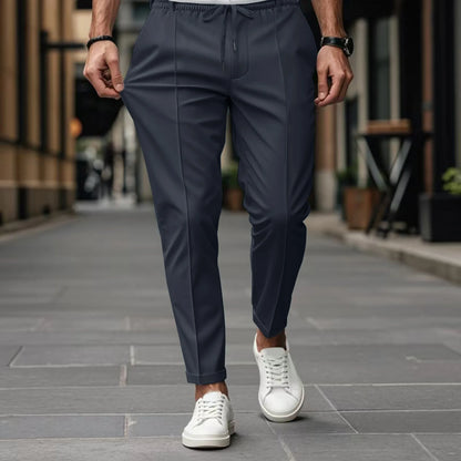 Herren Freizeithose Khaki Elastischer Bund Kordelzug Mit Bügelfalte