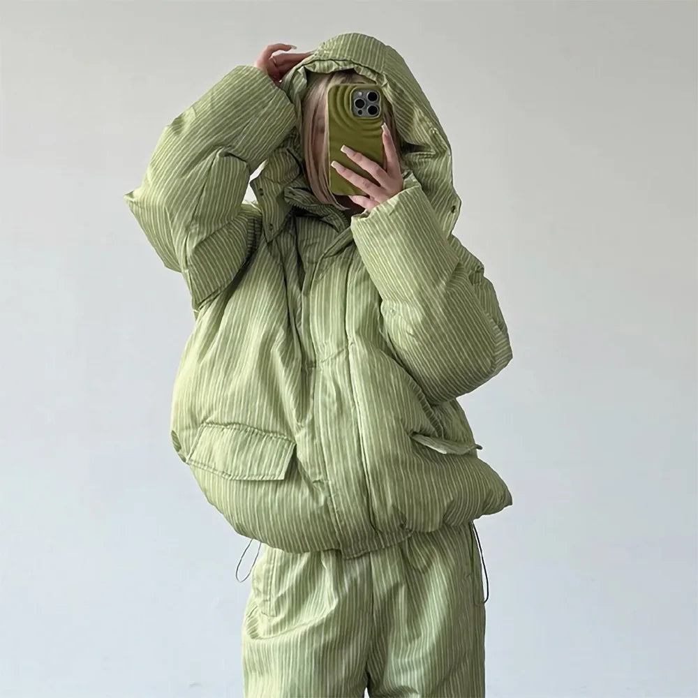 Gepolsterte Pufferjacke mit Kapuze für Damen, gestreift, Oversize-Passform