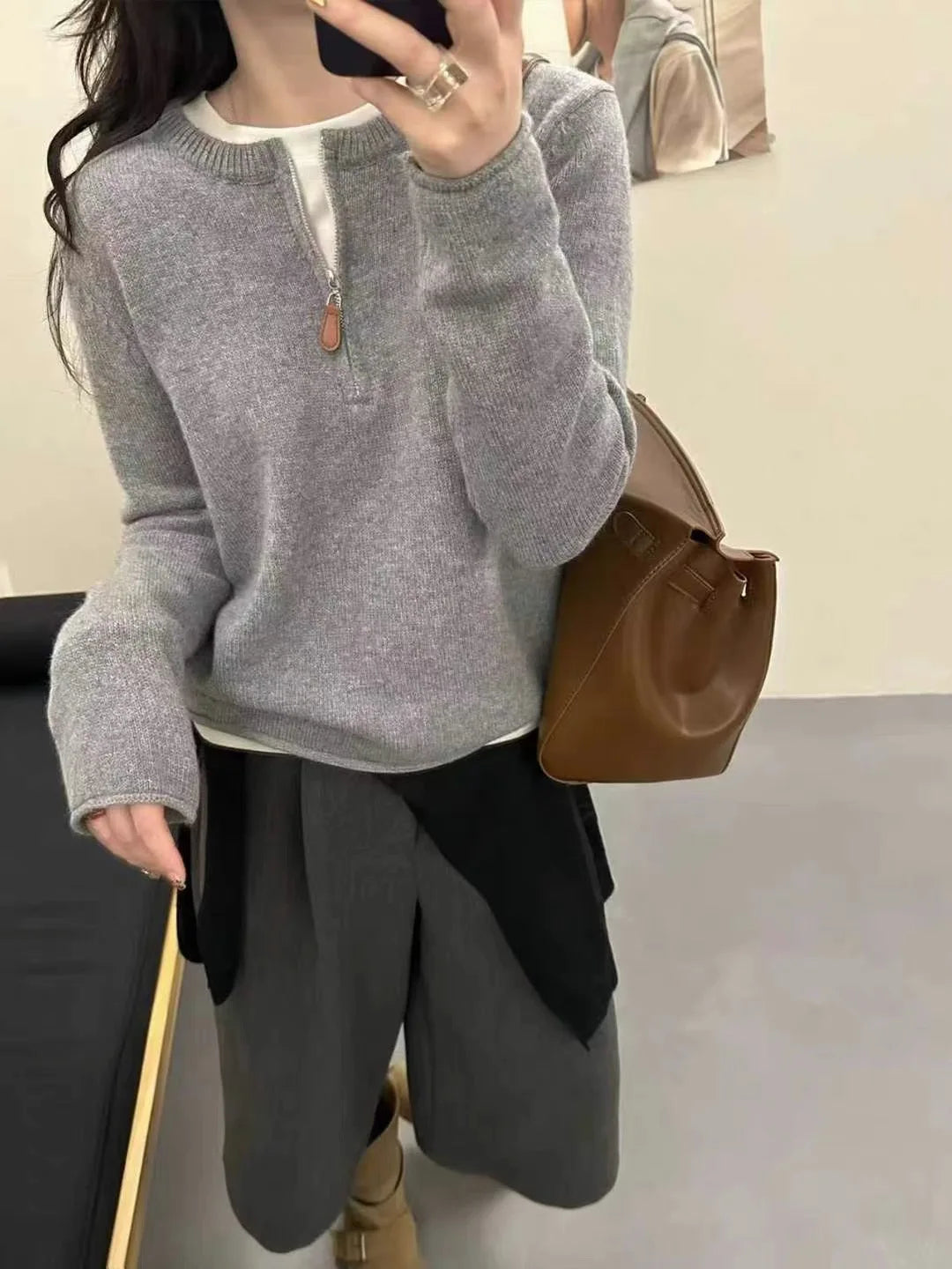 Damen Strickpullover mit Reißverschluss Kragen, Langarm