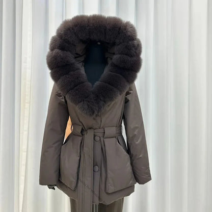 Damen Winterjacke mit Fellkapuze und Bindegürtel, Schwarz