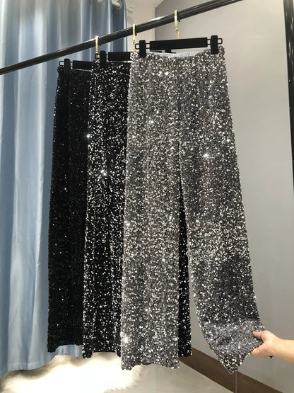 Damen Pailletten Hose Weites Bein – Glitzernde Freizeithose mit Elastischem Bund