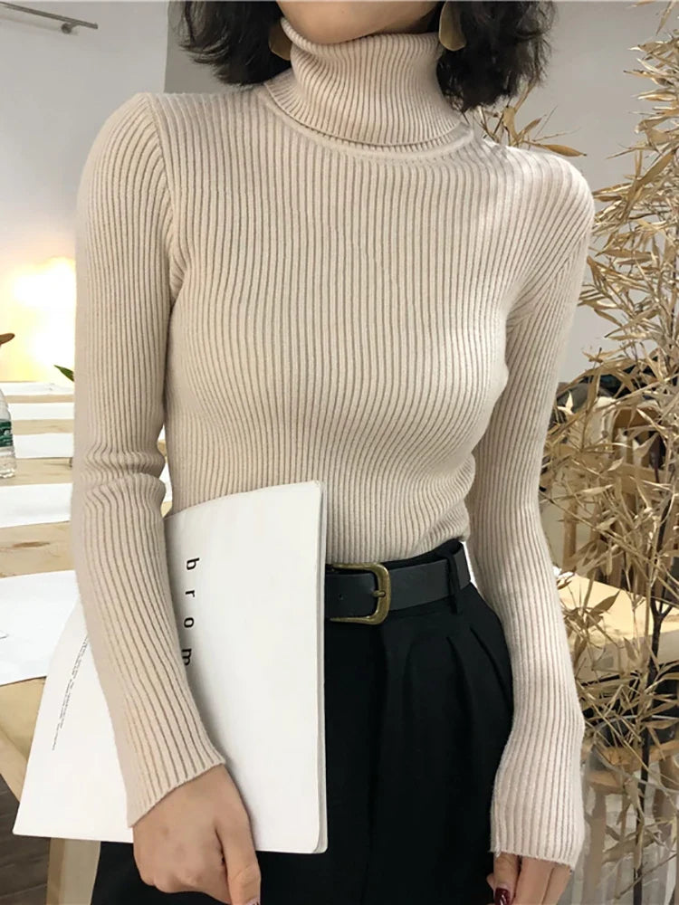 Damen Rollkragenpullover Gerippt Langarm Strickpullover