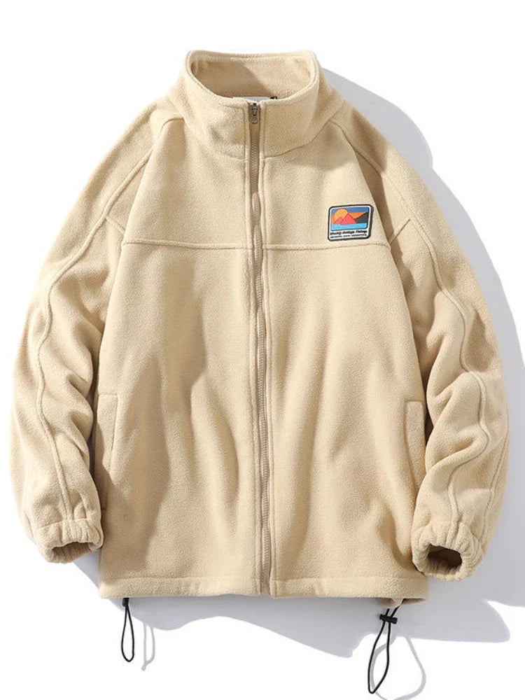 Fleecejacke Stehkragen Reißverschluss Aufnäher Langarm Beige