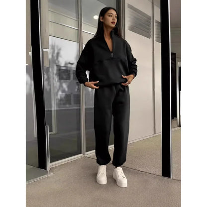 Damen Freizeit Zweiteiler Set – Bequemer Pullover mit Reißverschluss und Jogginghose, Lässiger Streetwear-Look für Alltag und Freizeit