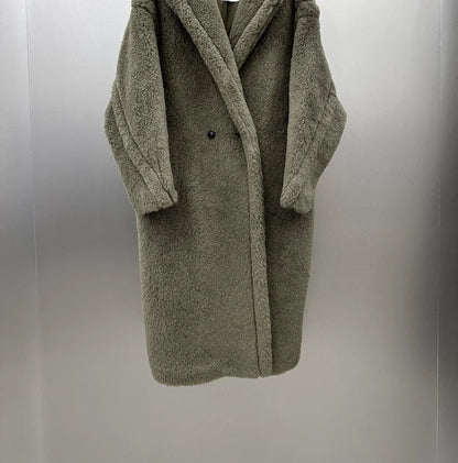 Damen Teddyfell Mantel lang mit Kapuze und Handschuhen