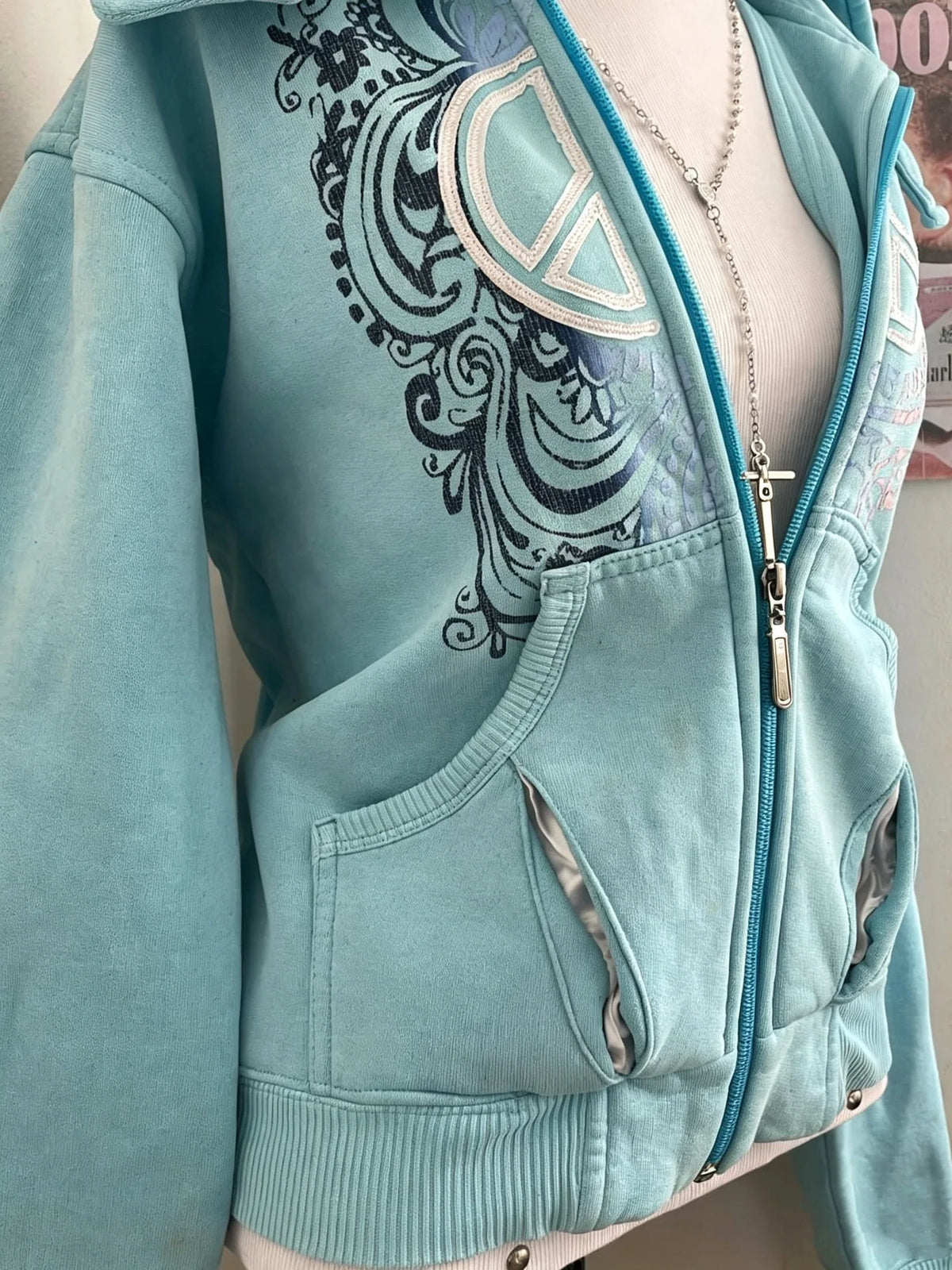 Damen Kapuzenjacke mit Reißverschluss Türkis mit Muster