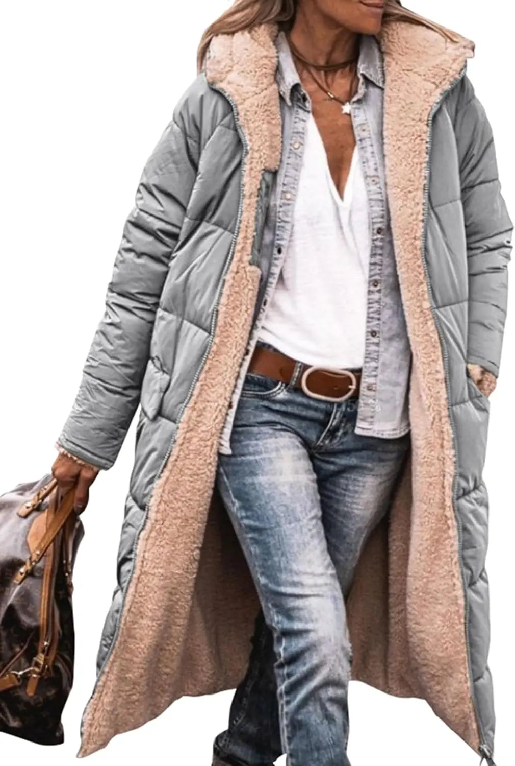 Damen Steppmantel Lang Winter Daunen-Optik mit Teddyfutter Kapuze