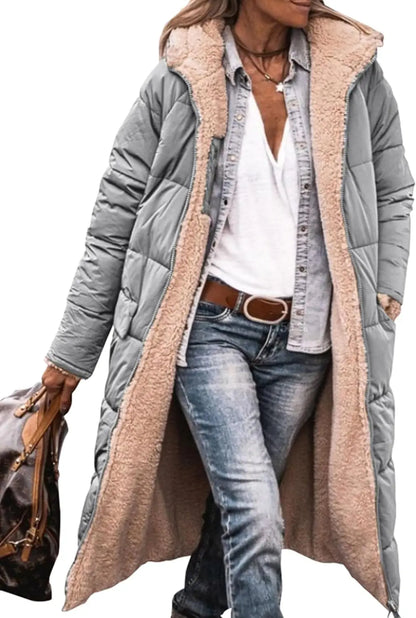 Damen Steppmantel Lang Winter Daunen-Optik mit Teddyfutter Kapuze