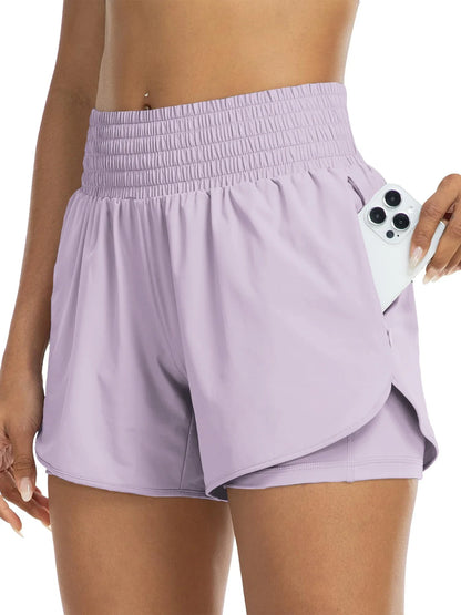 Damen Sportshorts mit hohem Bund und Tasche, 2-in-1-Design