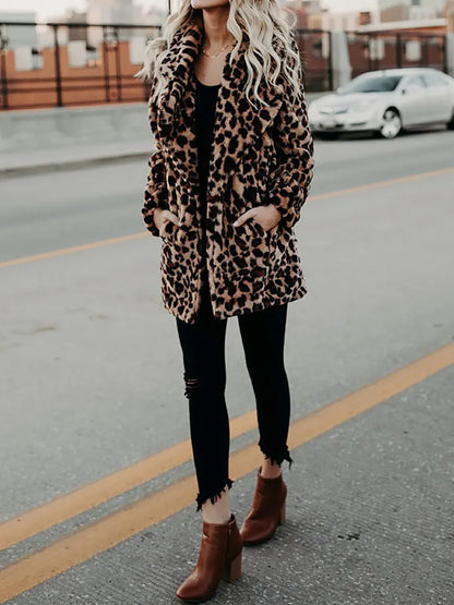 Damen Kurzmantel Leopard Print Plüschmantel