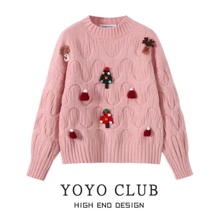 Damen Weihnachtspullover mit Zopfmuster & festlichen Applikationen – Weihnachten Strickpullover