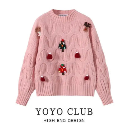 Damen Weihnachtspullover mit Zopfmuster & festlichen Applikationen – Weihnachten Strickpullover