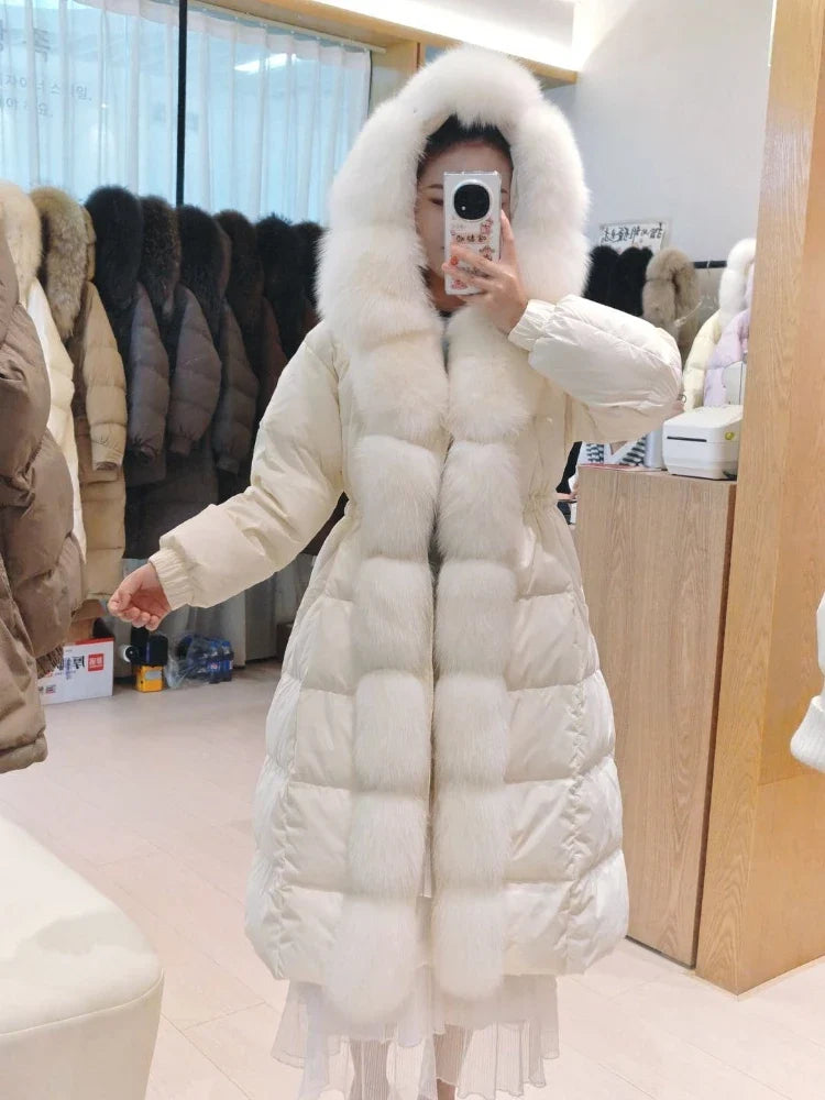 Damen Winter Steppmantel Lang mit Kapuze und Pelzbesatz Schwarz