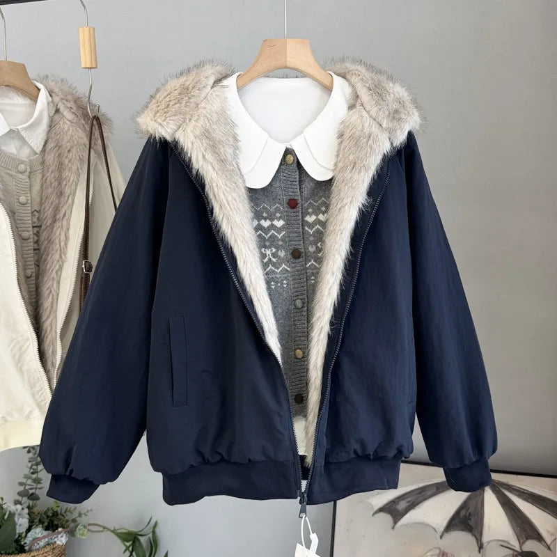 Damen Bomberjacke mit Kapuze und Kunstfellbesatz