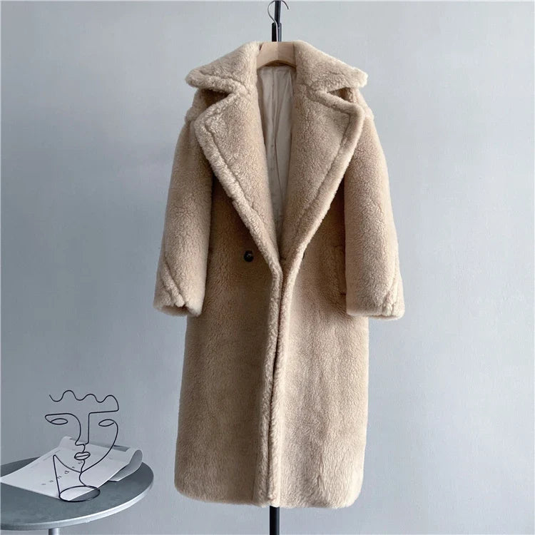 Damen Teddy-Mantel mit Reverskragen Lang Warmer Plüschmantel