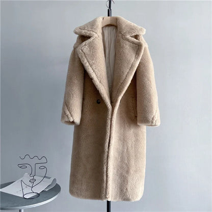 Damen Teddy-Mantel mit Reverskragen Lang Warmer Plüschmantel
