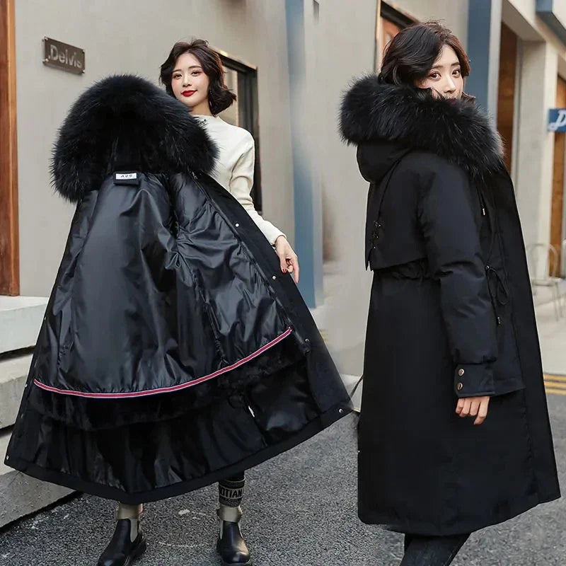 Damen Winterparka mit Kunstfellkapuze Lang Mantel Steppjacke Kordelzug