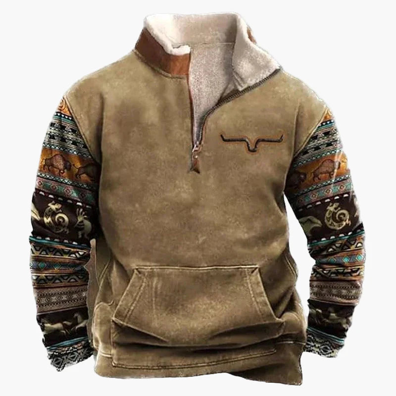 Herren Fleece Pullover mit Ethno Muster und Wildwest-Charme – Outdoor & Freizeit