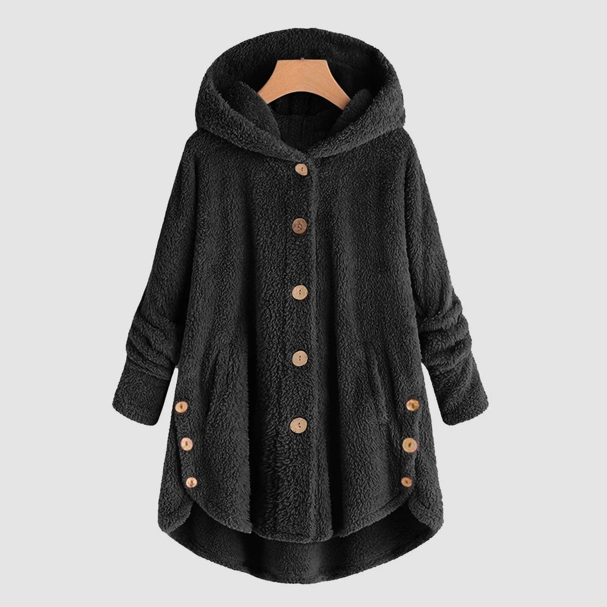 Damen Kuschelige Kapuzenjacke aus Fleece mit Holzknöpfen