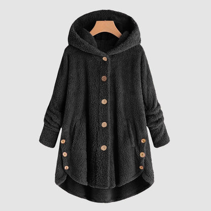 Damen Kuschelige Kapuzenjacke aus Fleece mit Holzknöpfen
