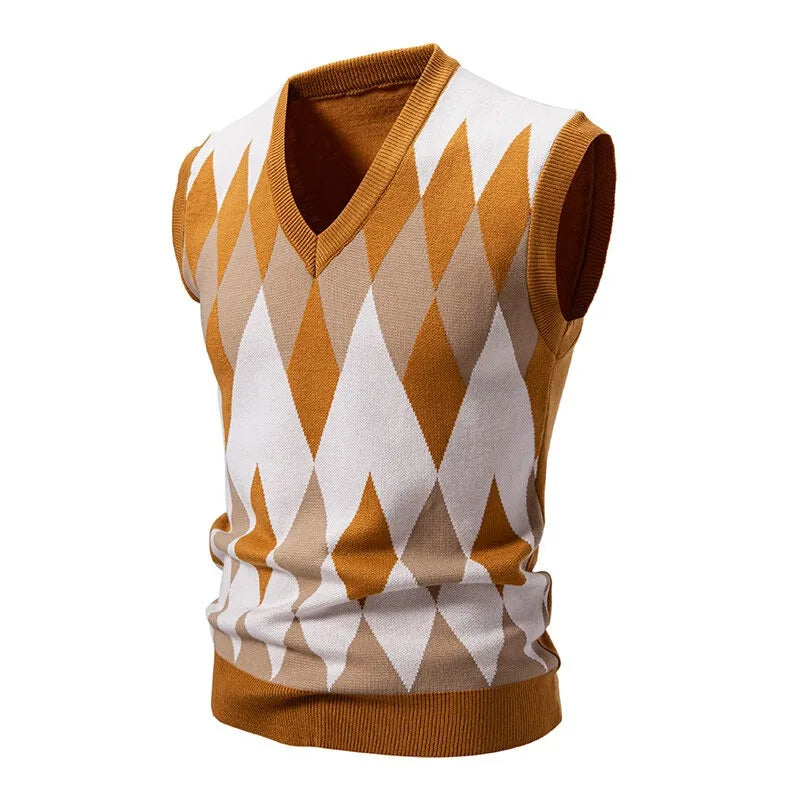 Herren Argyle Strickweste V-Ausschnitt Ärmellose Pullover Weste