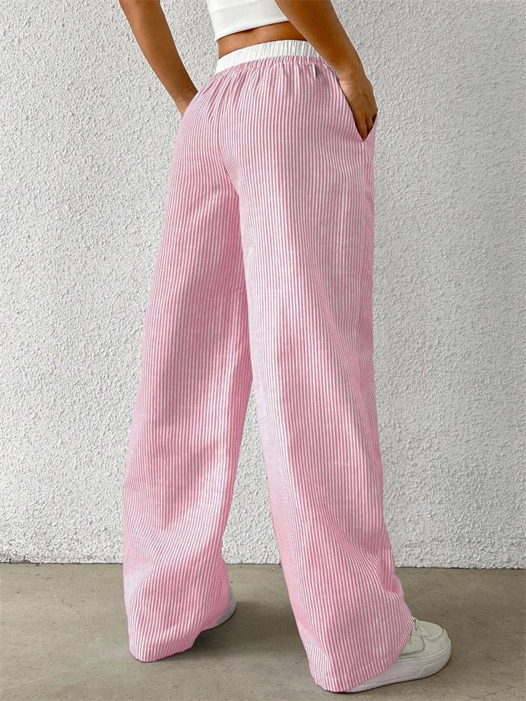 Damen Weite Hose mit Streifenmuster, Hohem Bund und Kordelzug – Lange Palazzo Hose