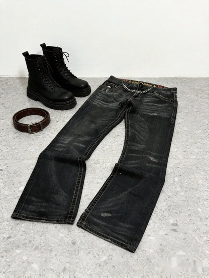 Damen Jeans Schwarz Bootcut Used-Look mit Ketten-Detail