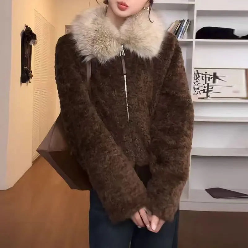 Damen Jacke mit Plüschkragen Reißverschluss Teddy-Optik Braun