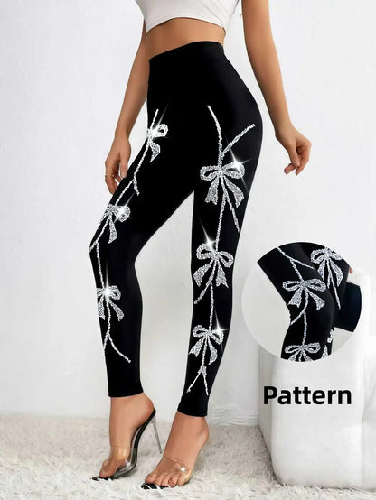 Damen Leggings Schwarz mit Glitzer-Schleifenmuster Hohe Taille