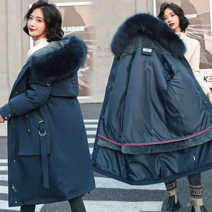 Damen Winterparka mit Kunstfellkapuze Lang Mantel Steppjacke Kordelzug