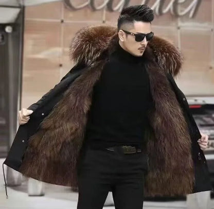 Herren Winterparka Schwarz mit Kapuze und luxuriösem Futter im Pelz-Look