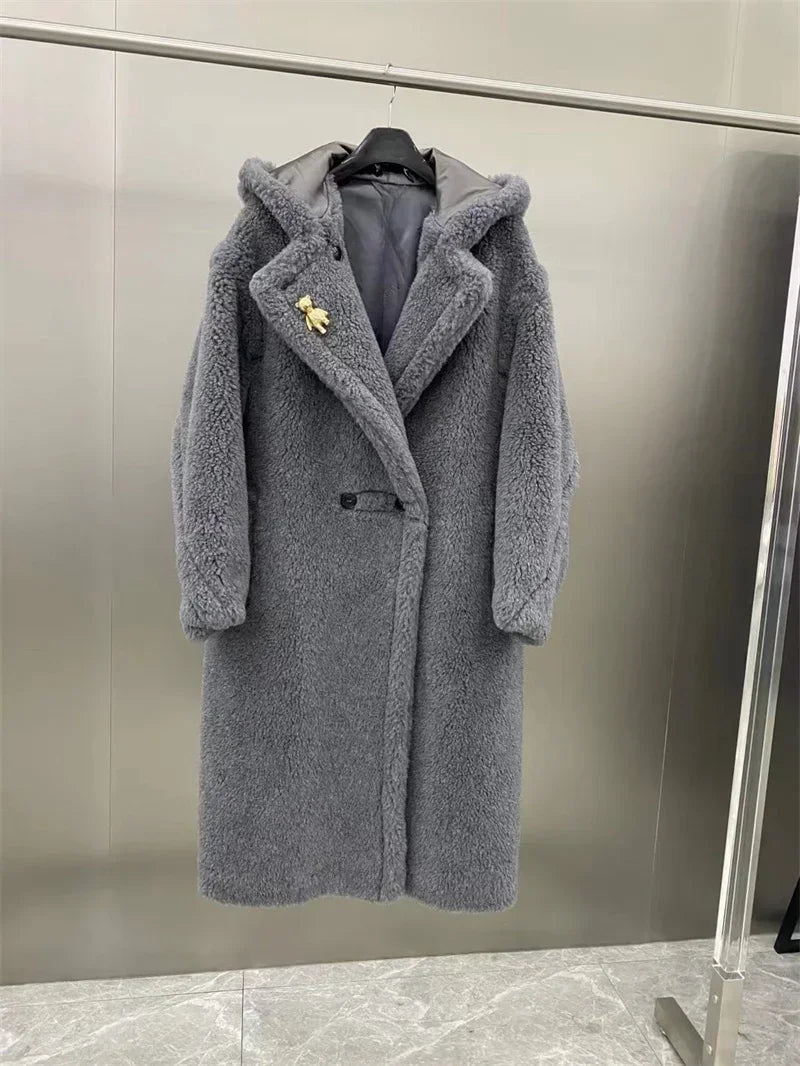 Damen Teddyfell Mantel lang mit Kapuze und Handschuhen