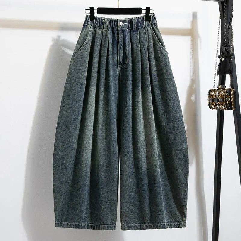 Loose Fit Jeans Damen Retro Wash Denim Hose mit weitem Bein und Gummibund