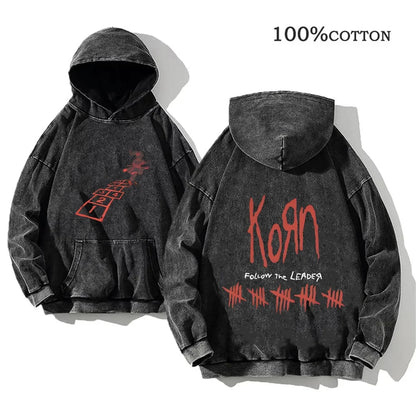 Unisex Kapuzenpullover Grau verwaschen mit Band-Print Vorn & Hinten