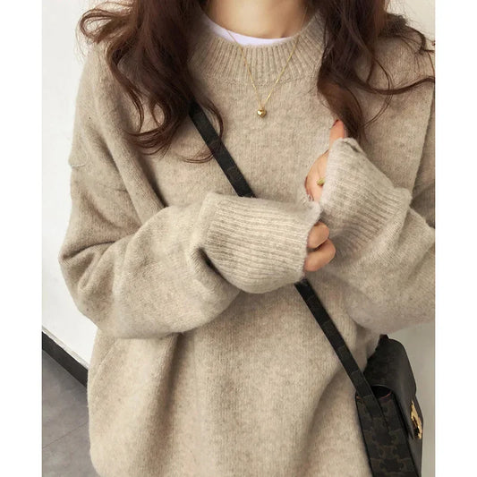 Damen Oversize Retro Strickpullover – Lässiger Herbst Winter Basic Sweater für Alltag & Freizeit