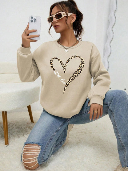Damen Sweatshirt mit Leopardenherz-Druck Rundhals Langarm Pullover