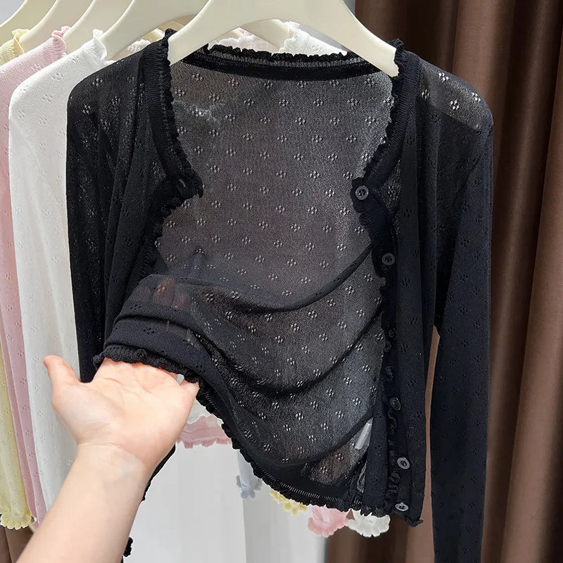 Leichter Damen Cardigan mit Lochmuster und Rüschen