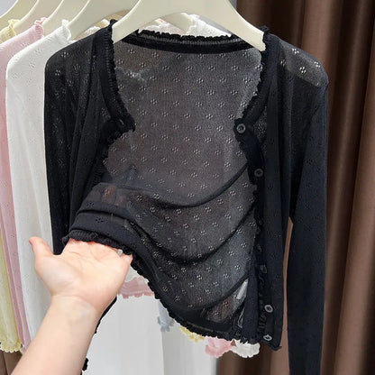 Leichter Damen Cardigan mit Lochmuster und Rüschen