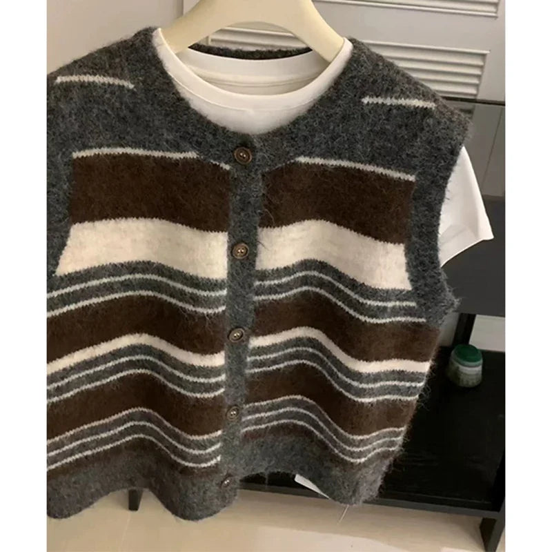 Damen Strickweste gestreift mit Knöpfen - Grau Braun Beige