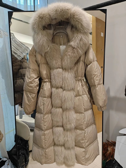 Damen Winter Steppmantel Lang mit Kapuze und Pelzbesatz Schwarz