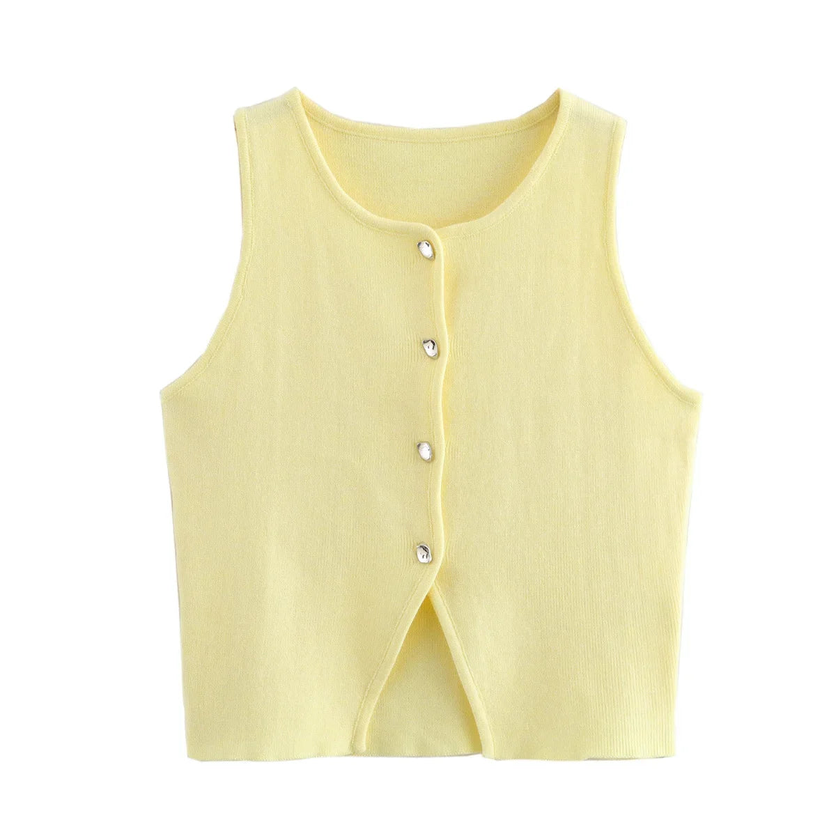 Damen Strick Crop Top Weste mit Knopfleiste Ärmellos Rundhals