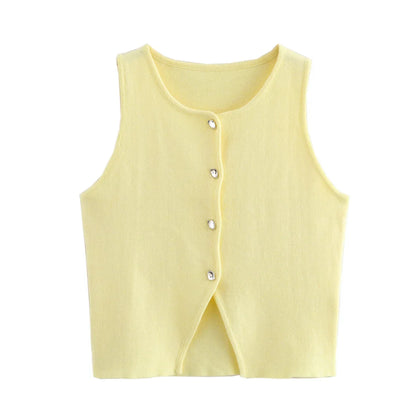 Damen Strick Crop Top Weste mit Knopfleiste Ärmellos Rundhals
